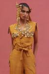 Shop_URMIL_Orange Muslin Beads, Sequins V-neck Gold Slub Jacket And Pant Set _at_Aza_Fashions
