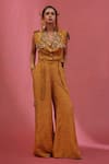 Buy_URMIL_Orange Muslin Sequins V-neck Gold Slub Jacket And Pant Set _at_Aza_Fashions