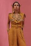Shop_URMIL_Orange Muslin Sequins V-neck Gold Slub Jacket And Pant Set _at_Aza_Fashions