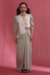 Buy_URMIL_Mint Silk Sequins Round Neck Fusion Style Jacket And Skirt Set _at_Aza_Fashions
