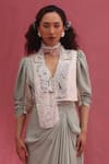 Shop_URMIL_Mint Silk Sequins Round Neck Fusion Style Jacket And Skirt Set _at_Aza_Fashions