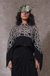 Shop_URMIL_Black Organza, Muslin Embroidery Round Neck Cape Bustier Pickup Skirt Set _at_Aza_Fashions
