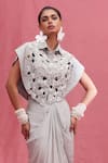 Shop_URMIL_Blue Beads, Embroidery Round Neck Ice Fusion Cape And Skirt Set _at_Aza_Fashions