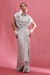 Buy_URMIL_Blue Beads, Embroidery Round Neck Ice Fusion Cape And Skirt Set _at_Aza_Fashions