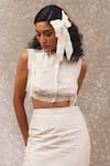 Shop_URMIL_Beige Tissue Beads, Pearls High Neck Top And Skirt Set _at_Aza_Fashions