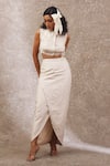 Buy_URMIL_Beige Tissue Beads, Pearls High Neck Top And Skirt Set _at_Aza_Fashions