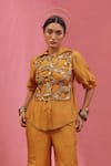 Shop_URMIL_Orange Organza, Tissue Embroidery Round Neck Gold Pant Set _at_Aza_Fashions