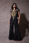 Buy_URMIL_Black Silk, Organza Embroidery V-neck Cape Pant Set _at_Aza_Fashions