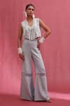 Buy_URMIL_Blue Cotton Embroidery V-neck Ice Khadi Weaves Pant Set _at_Aza_Fashions