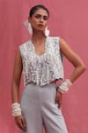 Shop_URMIL_Blue Cotton Embroidery V-neck Ice Khadi Weaves Pant Set _at_Aza_Fashions