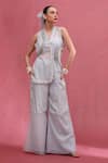 Buy_URMIL_Blue Chanderi Silk High , Round Ice Jacket Set _at_Aza_Fashions
