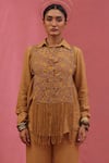 Shop_URMIL_Orange Organza, Silk, Tissue Embroidery, Fringe Round Gold Jacket Pant Set _at_Aza_Fashions