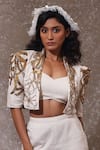 Shop_URMIL_Off White Cotton Embroidery Open Neck, Scoop Designer Khadi Stripes Pant Set _at_Aza_Fashions