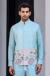 Buy_JUHI BENGANI_Sky Blue Silk, Cotton Sequins, Embroidery Bundi Set _Online_at_Aza_Fashions