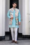 Buy_JUHI BENGANI_Sky Blue Silk, Cotton, Organza Sequins, Embroidery Designer Nehru Jacket Set _at_Aza_Fashions