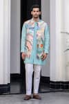 JUHI BENGANI_Sky Blue Silk, Cotton, Organza Sequins, Embroidery Designer Nehru Jacket Set _Online_at_Aza_Fashions