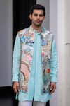 Buy_JUHI BENGANI_Sky Blue Silk, Cotton, Organza Sequins, Embroidery Designer Nehru Jacket Set _Online_at_Aza_Fashions
