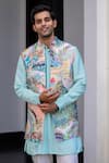 Shop_JUHI BENGANI_Sky Blue Silk, Cotton, Organza Sequins, Embroidery Designer Nehru Jacket Set _Online_at_Aza_Fashions