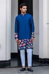 Shop_JUHI BENGANI_Blue Silk, Cotton Embroidery Dark Kurta Set _Online_at_Aza_Fashions