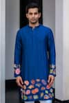 JUHI BENGANI_Blue Silk, Cotton Embroidery Dark Kurta Set _at_Aza_Fashions