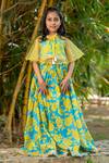 Buy_YUVRAANI JAIPUR_Blue Chanderi, Cotton, Net Neon And Yellow Lehenga With Cape _at_Aza_Fashions