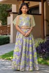 Buy_YUVRAANI JAIPUR_Gray Chanderi, Cotton, Net Beads Grey And Neon Yellow Lehenga With Cape _at_Aza_Fashions