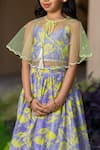 YUVRAANI JAIPUR_Gray Chanderi, Cotton, Net Beads Grey And Neon Yellow Lehenga With Cape _at_Aza_Fashions
