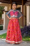 Buy_YUVRAANI JAIPUR_Red Chanderi, Net Embroidery Cherry Printed Lehenga With Cape _at_Aza_Fashions