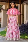 Buy_YUVRAANI JAIPUR_Pink Chanderi, Cotton Embroidery Floral Printed Lehenga With Cape _Online_at_Aza_Fashions