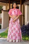 Shop_YUVRAANI JAIPUR_Pink Chanderi, Cotton Embroidery Floral Printed Lehenga With Cape _Online_at_Aza_Fashions