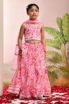 Shop_YUVRAANI JAIPUR_Pink Chanderi, Cotton, Net Embroidery, Tassels Neon Digital Print Lehenga Set _at_Aza_Fashions