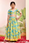 Shop_YUVRAANI JAIPUR_Blue Chanderi, Cotton, Net Lace, Embroidery Neon And Yellow Lehenga Set _at_Aza_Fashions