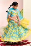 Buy_YUVRAANI JAIPUR_Blue Chanderi, Cotton, Net Lace, Embroidery Neon And Yellow Lehenga Set _at_Aza_Fashions