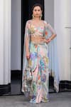 Buy_JUHI BENGANI_Multi Color Silk Satin, Net Sequins, Beads Round Neck Printed Cape Set _at_Aza_Fashions