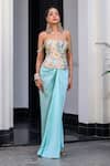 JUHI BENGANI_Sky Blue Satin, Organza Beads Square Neck Corset Dhoti Skirt Set _at_Aza_Fashions