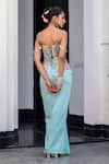 Shop_JUHI BENGANI_Sky Blue Satin, Organza Beads Square Neck Corset Dhoti Skirt Set _at_Aza_Fashions