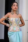 Buy_JUHI BENGANI_Sky Blue Satin, Organza Beads Square Neck Corset Dhoti Skirt Set 