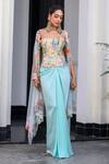 Buy_JUHI BENGANI_Sky Blue Satin, Organza Embroidery Square Neck Fusion Style Kurta Set _Online_at_Aza_Fashions
