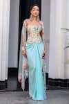 JUHI BENGANI_Sky Blue Satin, Organza Embroidery Square Neck Fusion Style Kurta Set _at_Aza_Fashions