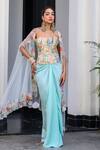 Buy_JUHI BENGANI_Sky Blue Satin, Organza Embroidery Square Neck Fusion Style Kurta Set _at_Aza_Fashions