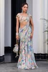 Shop_JUHI BENGANI_Multi Color Organza, Chinon Sequins, Beads Round Neck Pre-draped Saree Set _Online_at_Aza_Fashions
