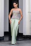Buy_JUHI BENGANI_Multi Color Satin, Organza Sequins, Beads Off-shoulder Corset And Dhoti Skirt Set _at_Aza_Fashions