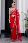 Buy_JUHI BENGANI_Red Organza, Net, Satin Beads, Sequins, Mirrors Embroidered Pre-draped Saree Set _at_Aza_Fashions