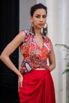 JUHI BENGANI_Red Silk Satin, Net Embroidery V-neck Cape And Dhoti Skirt Set _Online_at_Aza_Fashions