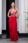 Shop_JUHI BENGANI_Red Silk Satin, Net Embroidery V-neck Cape And Dhoti Skirt Set _Online_at_Aza_Fashions