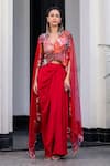 JUHI BENGANI_Red Silk Satin, Net Embroidery V-neck Cape And Dhoti Skirt Set _at_Aza_Fashions