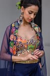 JUHI BENGANI_Blue Silk Satin Embroidery Plunge Neck Dark Designer Cape And Dhoti Skirt Set _Online_at_Aza_Fashions