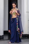 JUHI BENGANI_Blue Silk Satin Embroidery Plunge Neck Dark Designer Cape And Dhoti Skirt Set _at_Aza_Fashions