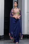 Buy_JUHI BENGANI_Blue Silk Satin Embroidery Plunge Neck Dark Designer Cape And Dhoti Skirt Set 
