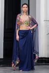 Buy_JUHI BENGANI_Blue Silk Satin Embroidery Plunge Neck Dark Designer Cape And Dhoti Skirt Set _at_Aza_Fashions